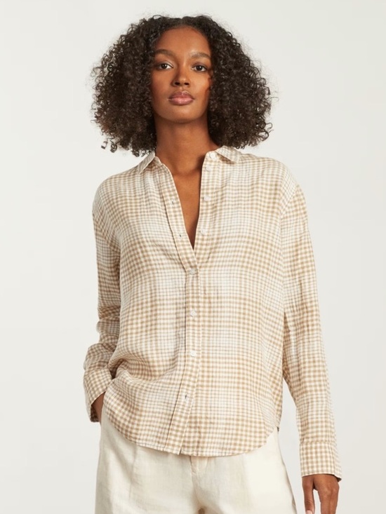 Everlane Tops - Everlane EUC Women’s Beige Gingham Button-Down Plaid Long Sleeve Shirt Size: 00